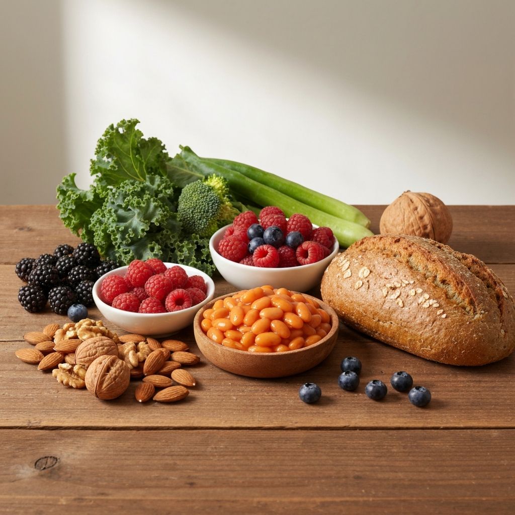 Array of high-fiber foods including whole grains, beans, fruits, and vegetables