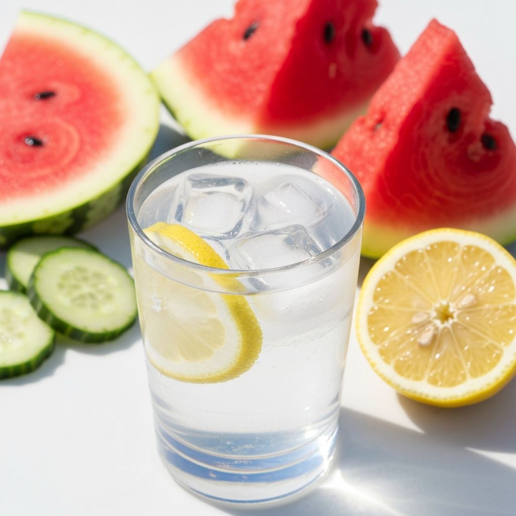 Fresh water and hydrating foods like cucumber and watermelon