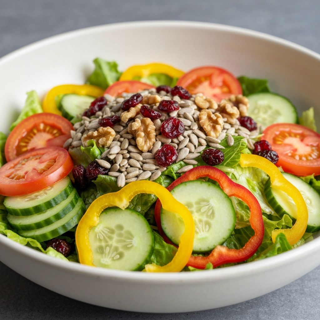 Colorful bowl with mixed vegetables, greens, and nutritious toppings